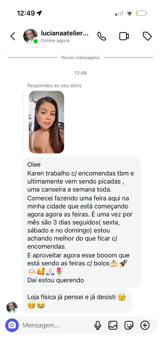 Mensagem de Instagram de uma aluna sobre trocar encomendas por feira